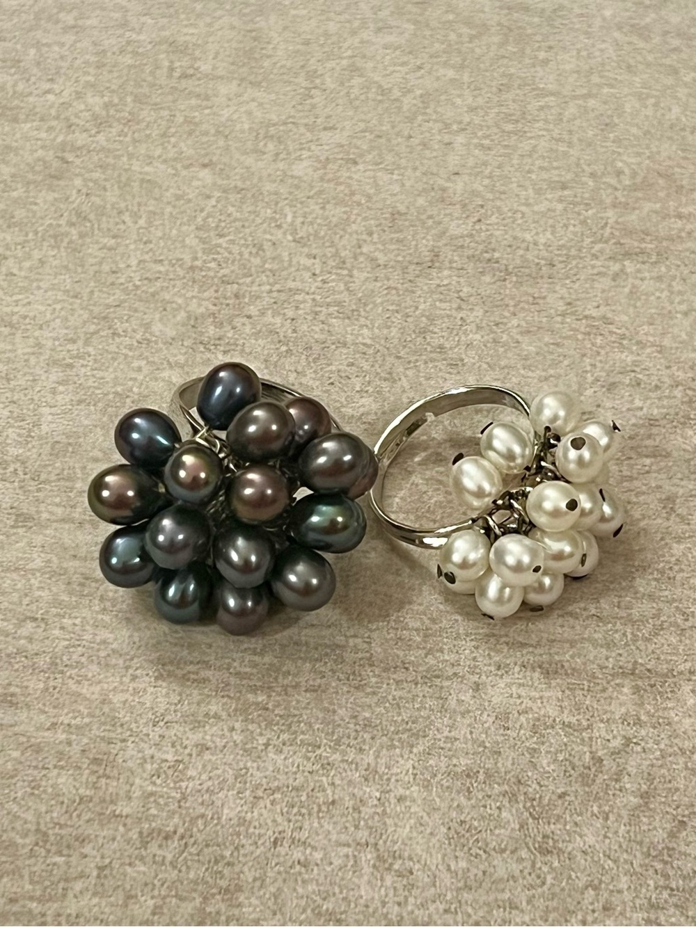 Vintage Faux Black Peacock & White Pearl Cluster Cha-Cha Ring Set